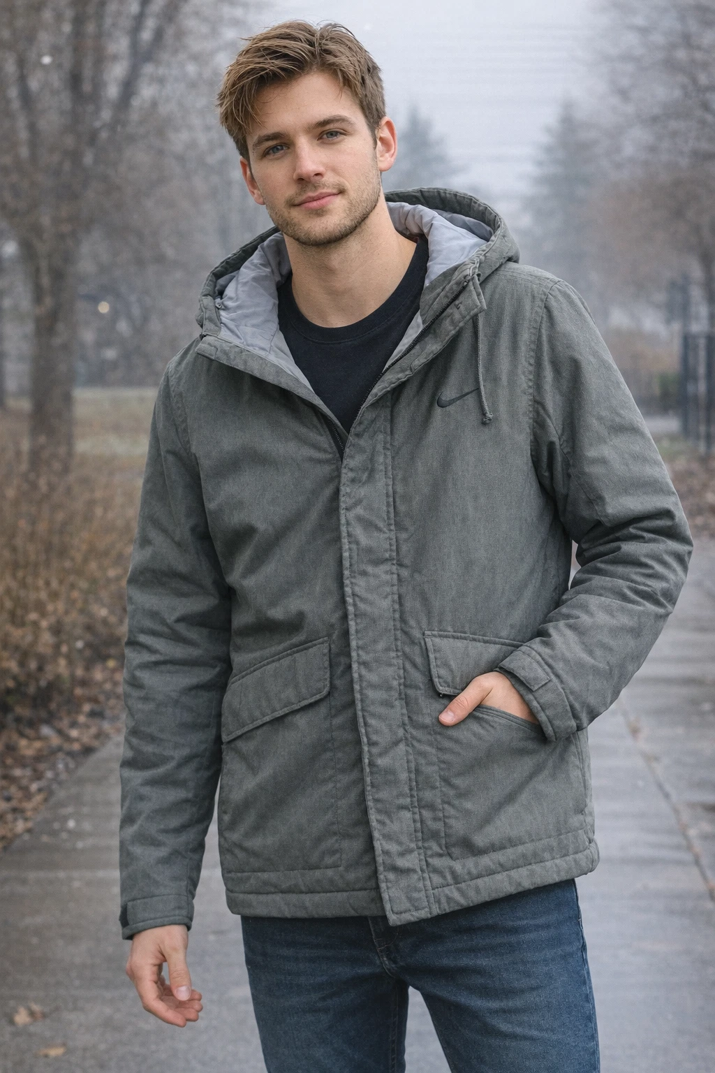 Nike Storm-FIT Jacket Men’s Medium Gray Hooded Water Resistant Coat Swoosh