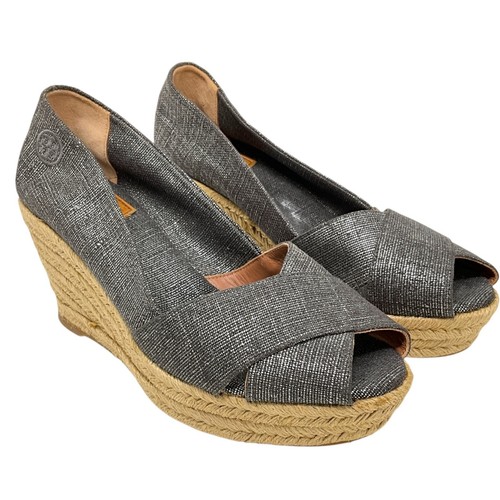 NWOB Tory Burch Filipa Espadrille Wedge Sandals Pewter US Size 9 Rope Peep Toe