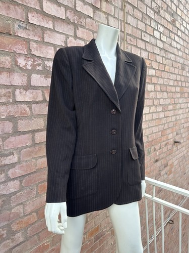 Giacca blazer vintage UNGARO Paris marrone a righe lana fodera leopardata tag... - Foto 6 di 24
