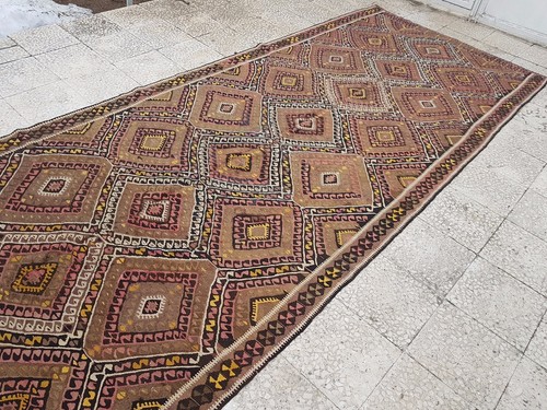 Vintage handgewebt gedeckte Farbe Oushak Kelim Teppich Läufer breit, 4 Fuß 12 Zoll x 14 Fuß 11 Zoll - Bild 10 von 12