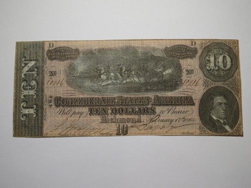 $10 1864 Richmond Virginia VA Confederate Currency Bank Note Bill RARE T68 VF