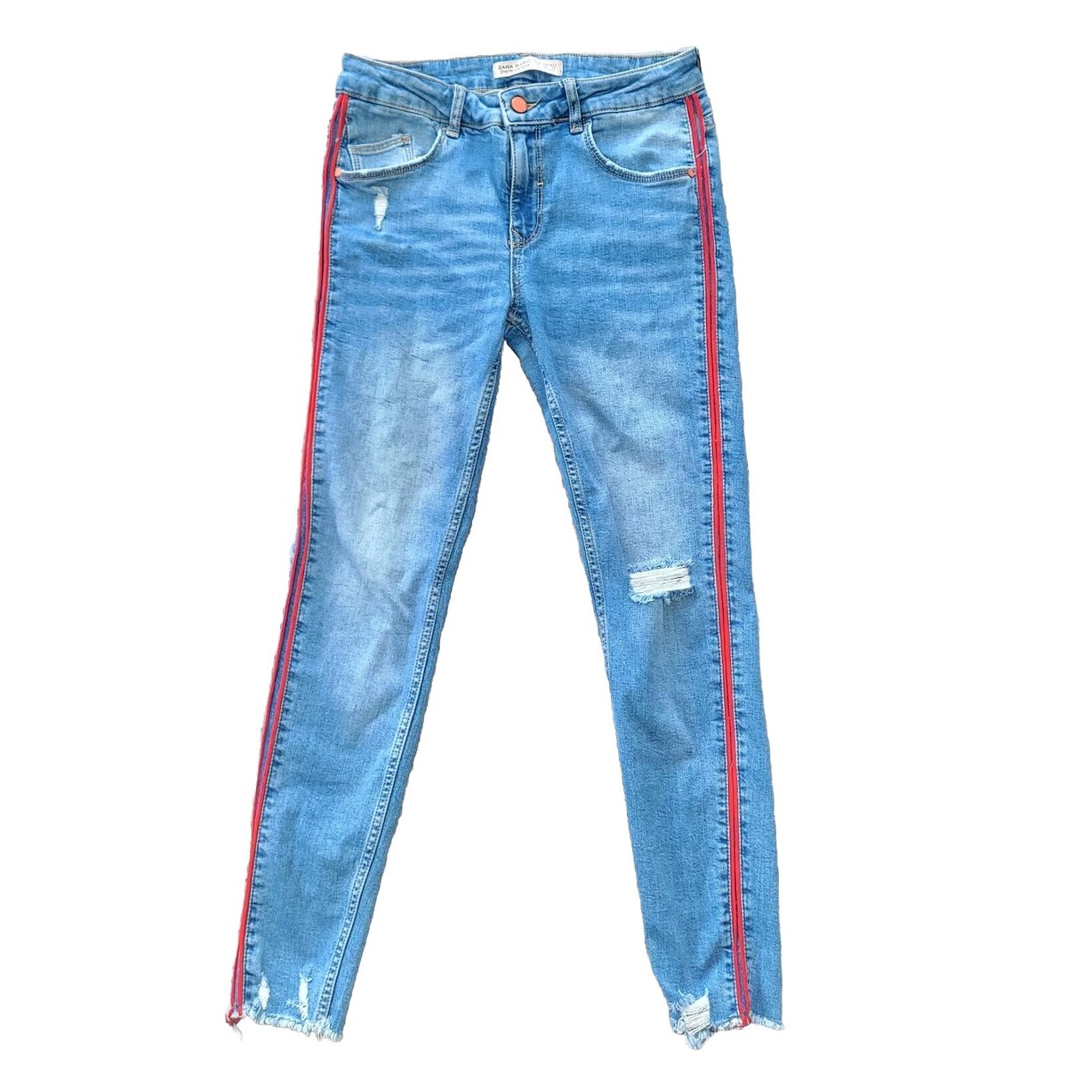【COLOR iN ID】Stripe washed denim ZARA Basic Z1975 Blue Denim Red Stripe Skinny Midrise Size 6