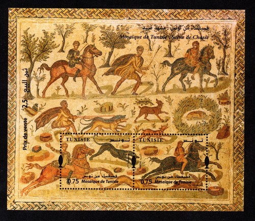 2024 - Tunesien - Mosaike - Jagd - Reiter - Hund - Kaninchen - Minisheet postfrisch** - Bild 1 von 1