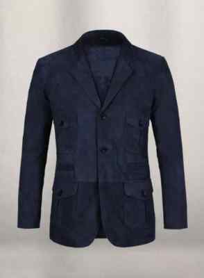 Mens Navy Blue Suede Leather Blazer Pure Soft Suede Custom Made Coat Blazer