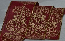 Wired Ribbon Christmas Burgundy Sparkle Gold Arabesque 2.5" Splice Holiday Bow