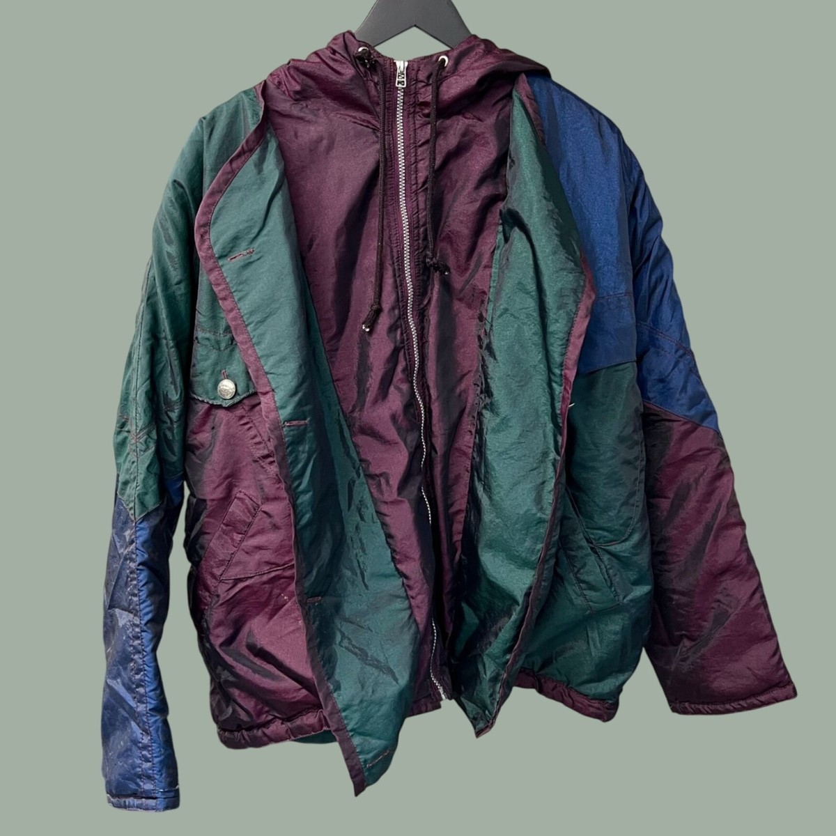 Vintage 90s Andy Johns Grunge Dark Color Block Hooded Puffer Zip
