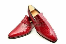 Handmade Men's Leather New Loafers Slip Ons Crocodile Texture  Red Shoes-459