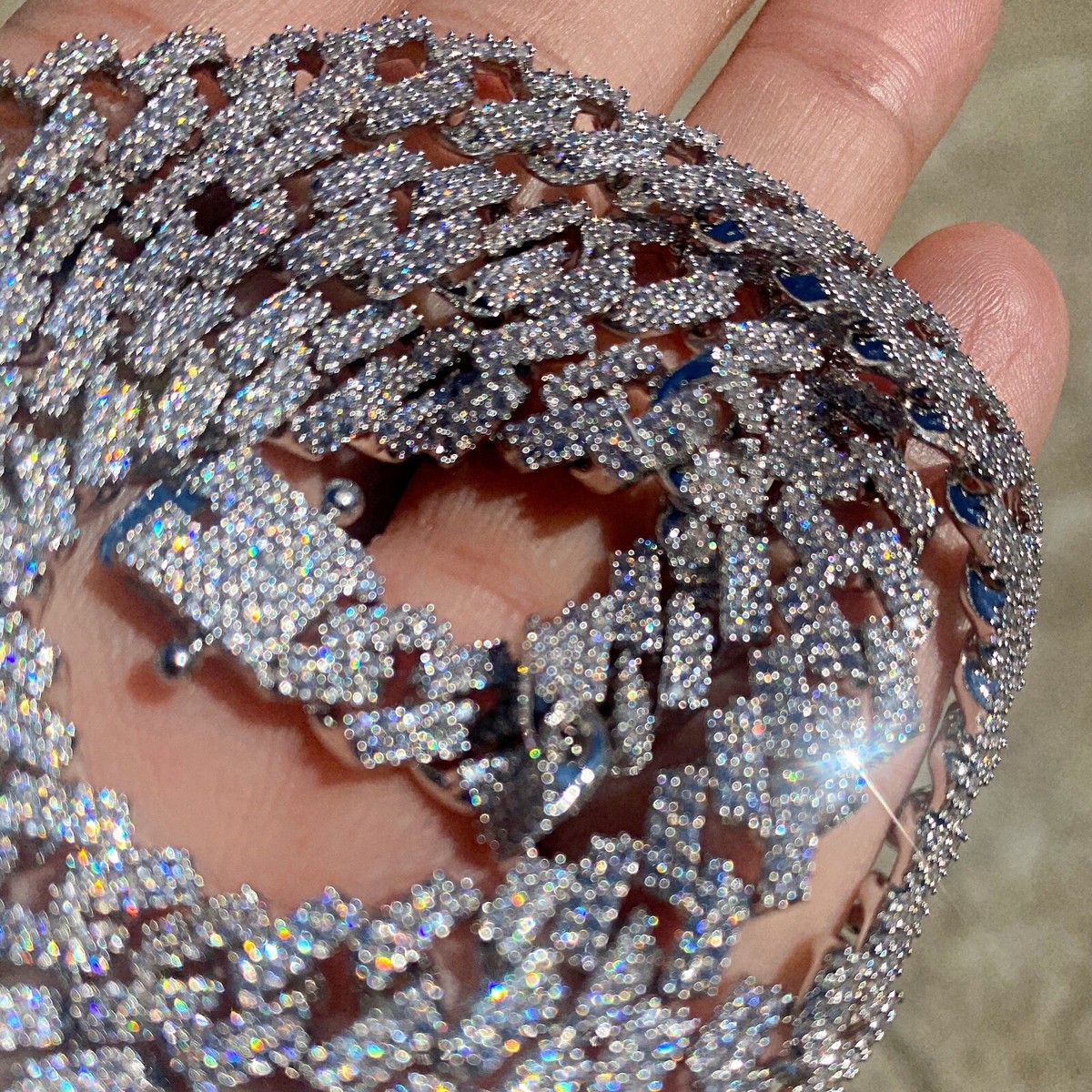 14K White Gold Plated Micro Pave Chain Iced Simulated CZ Zig Zag