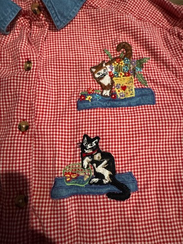 Casey & Max Embroidered Red Check The Cat Lady Button-Down Shirt Size Lg EUC - Picture 3 of 7