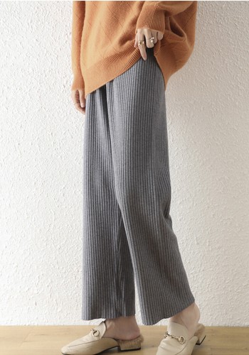 Mujeres Cintura Alta Pierna Ancha Elástico Acanalado Tejido Palazzo Pantalones Pantalón Lana - Imagen 3 de 8