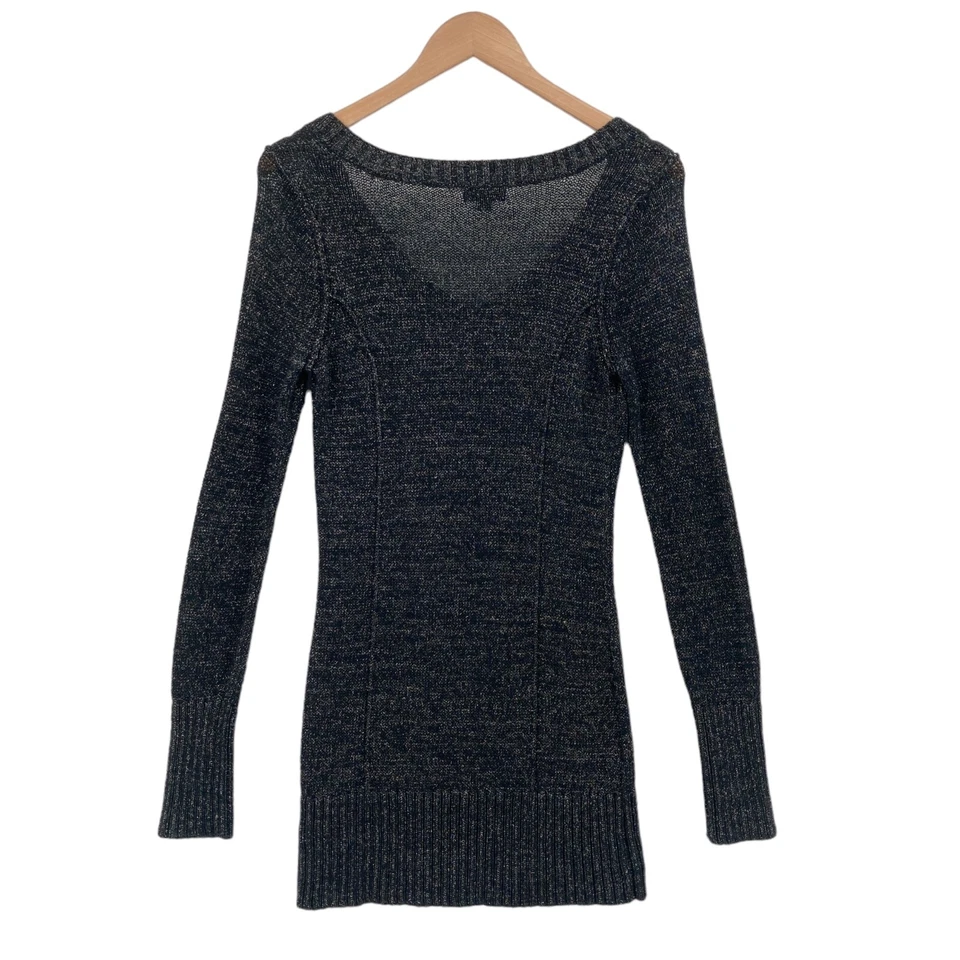GUESS Long Sweater Womens Small Black Knit Metallic Threads Long Sleeve V Neck - Image 2 of 4