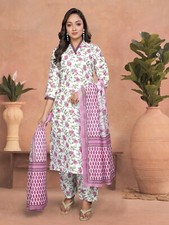 Women' s Cotton Slub Floral Print  Lace Work Kurta with Pant  Dupatta