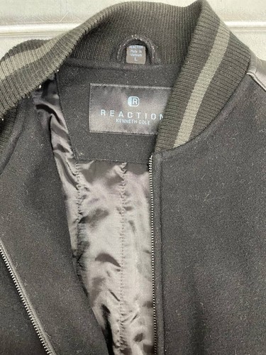 Kenneth Cole Reaction Varsity Bomber Jacket Mens Large Black Wool Leather - Picture 4 of 10