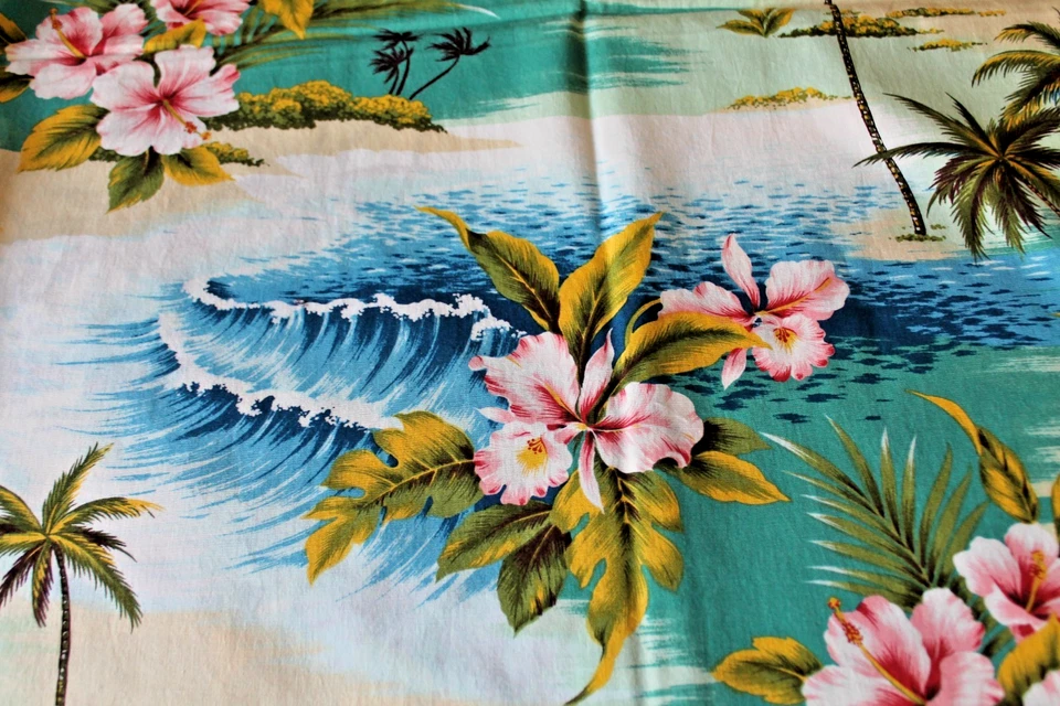 Tela Algodón 4-1/4 Yardas Azul Océanos, Palmeras, Flores Rosas, Tropical Nuevo Foto 4 de 4