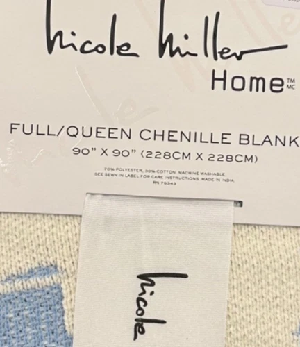 Nicole Miller Off 白色和蓝色雪尼尔全/大号毛毯带蝴蝶结设计 - 第 2 张/共 2 张