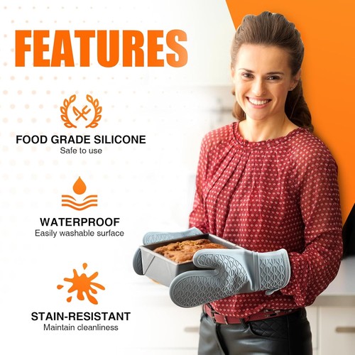 Silicone Oven Mitts, Heat Resistant 2PCS Oven Mitts with Soft Cotton Lining - Picture 4 of 13