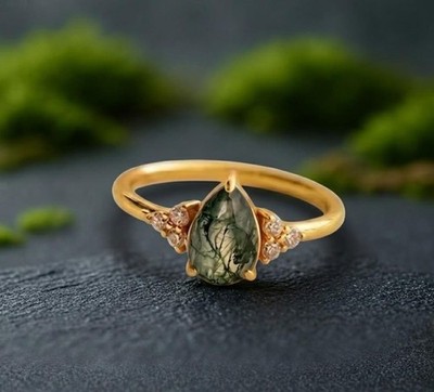 1.50 Karat Moosachat 14K Solid Gold Minimalist Damen Verlobung Birne Cut Ring