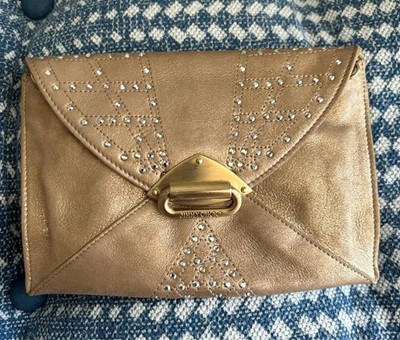 JIMMY CHOO Strass Leder Clutch Hand Umhängetasche Damen Champagner Gold