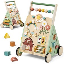 Wooden Baby Walker, Adjustable Speed Montessori Walker with Activity Center f...