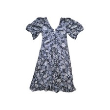 GANNI WOMENS BLUE MIX FLORAL DIPPED HEM V-NECK A-LINE MIDI DRESS. UK 8, EU 36.