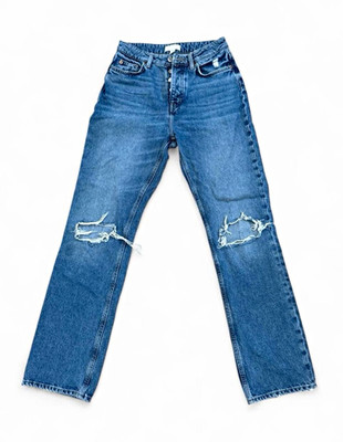 H&M Women s Blue Medium Wash Denim Straight Leg Jeans Button Fly Distressed 4