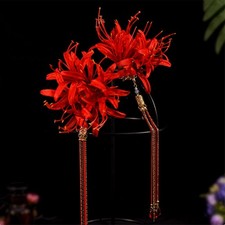 Red Equinox flower long tassel Hair clip, Hanfu flower hairpin, hair accessories