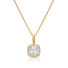 14K Real Solid Yellow Gold Cushion-Cut Halo CZ Pendant Charm Necklace 18 in