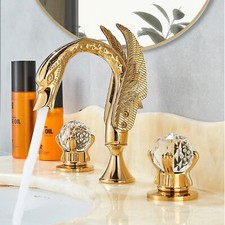 Swan Widespread Bathroom Sink Faucet 3 Holes Gold Faucet Crystal Double Handles