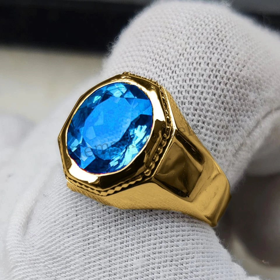14k Yellow Gold Plated 925 Sterling Silver with Natural Topaz Gemstone Mens Ring