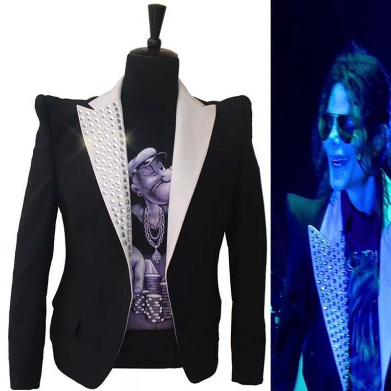 MJ Michael Jackson Costume This is it Jacket Skinny Informal Crystal Suit Blazer