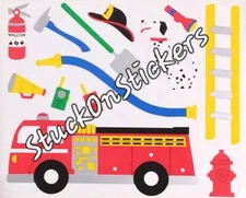 Mrs Grossman FIRE FIGHTER TRUCK Stickers Vintage retired 1996 Dog Shovel Axe Hat