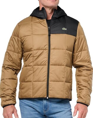 Lacoste Men's Colorblock Quilted Puffer Full Zip Hooded Jacket Brown/Black Large