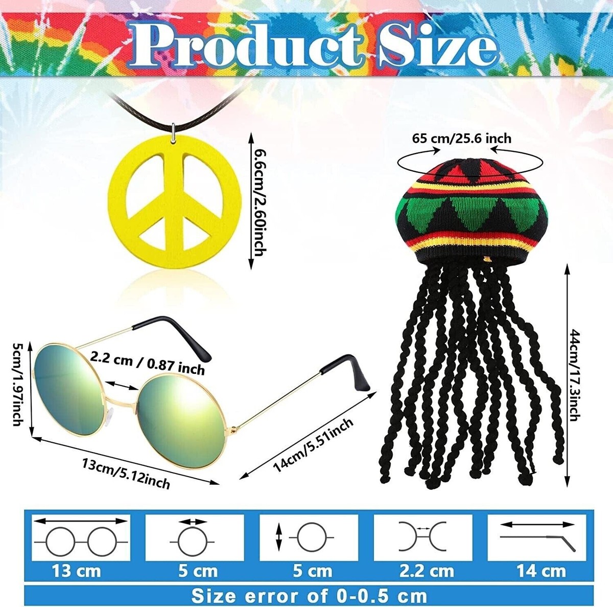 Hestya 3 stuks hippiekostuum accessoires hippie muts met zwarte dreadlocks pruik unisex hippie vest hippie bril voor volwassenen cosplay party geschenken, rood, geel, groen, Eén maat