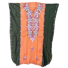 Long Kaftan Poly Silk Orange Dark Green Floral Embroidery Caftan L-54"