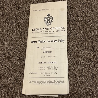 Vintage 1967 Legal & General Austin A40 Sedan Vehicle Insurance Reg CDB 898