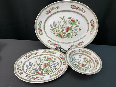 Ridgway Oriental ''TREE'' Greek Key Border ~ 3 Piece Serving Set: Platters, Bowl