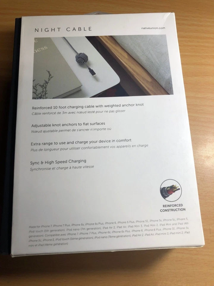 Native Union NIGHT Lightning to USB 10 Ft Cable With Weighted Knot Zebra MFi - Image 2 of 3