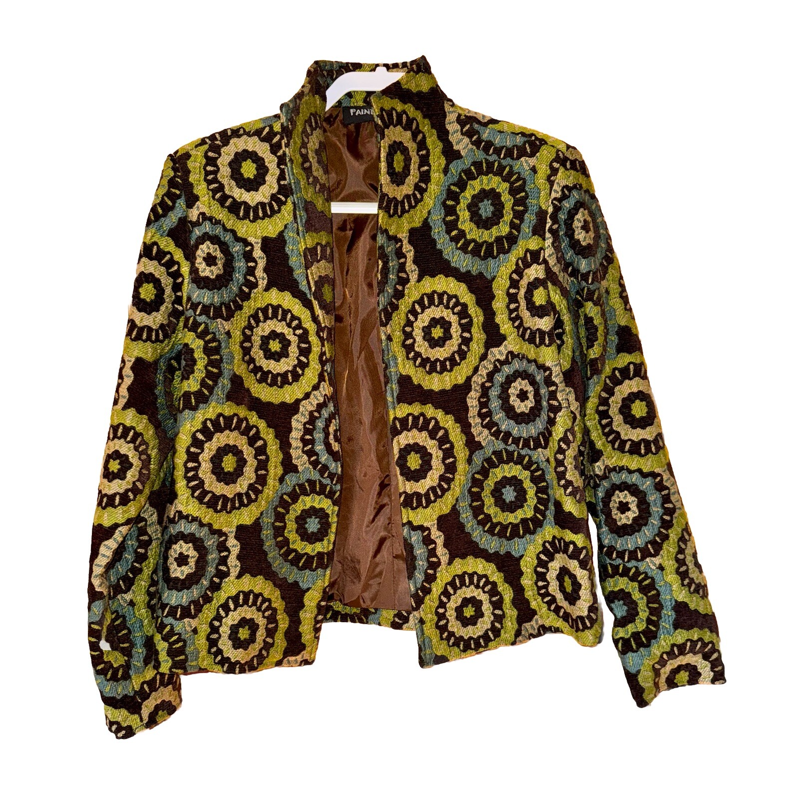 Giacca arazzo pony dipinto vintage taglia Med broccato floreale marrone verde acqua