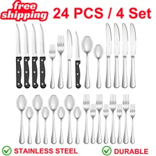 24-Pc Stainless Steel Silverware Set, Mirror Polished Flatware with Steak Knives