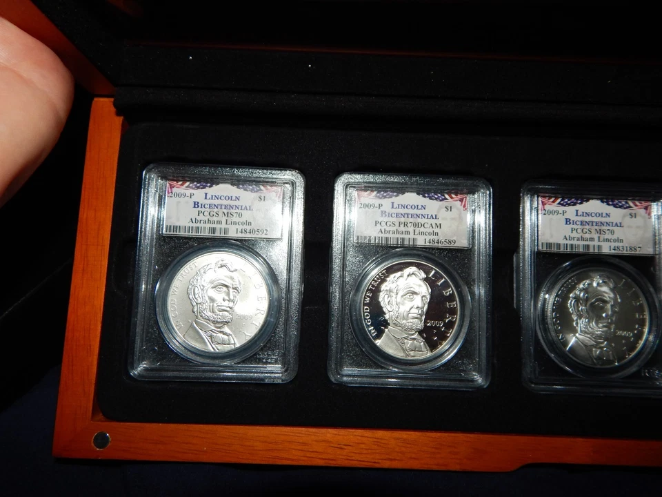 Lincoln 2009 Bicentennial Silver Dollar PCGS MS70 & PR70DCAM Five Coins W/Case - Image 2 of 4