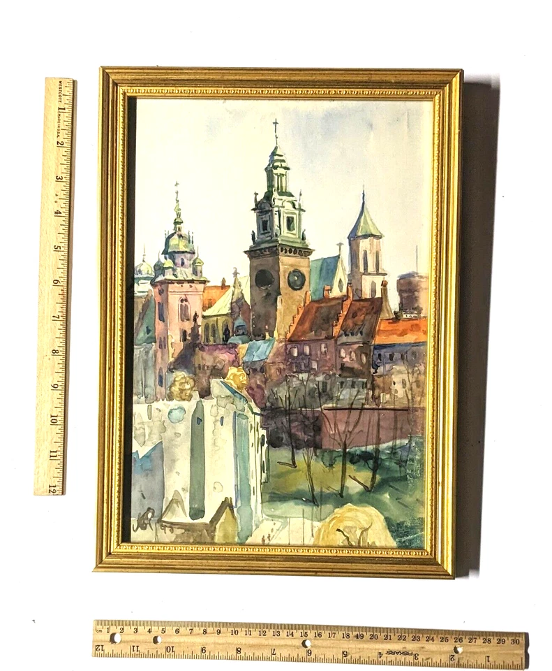 Acuarela Arte Original Pintado a Mano Antiguo Ayuntamiento Firmado JR Marco 14"H x 10"W Foto 2 de 4