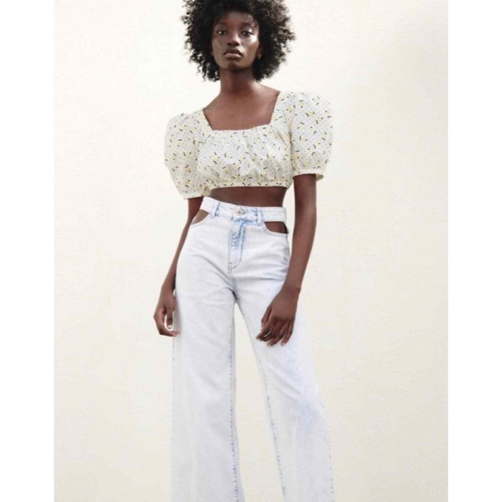 Zara Floral Puff Sleeve Crop Top Criss Cross Back | eBay