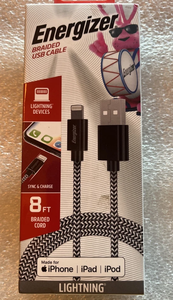 Energizer Sync And Charge Nylon Braided USB Cable Black. For iPhone 8 ft. New. - Image 2 of 4
