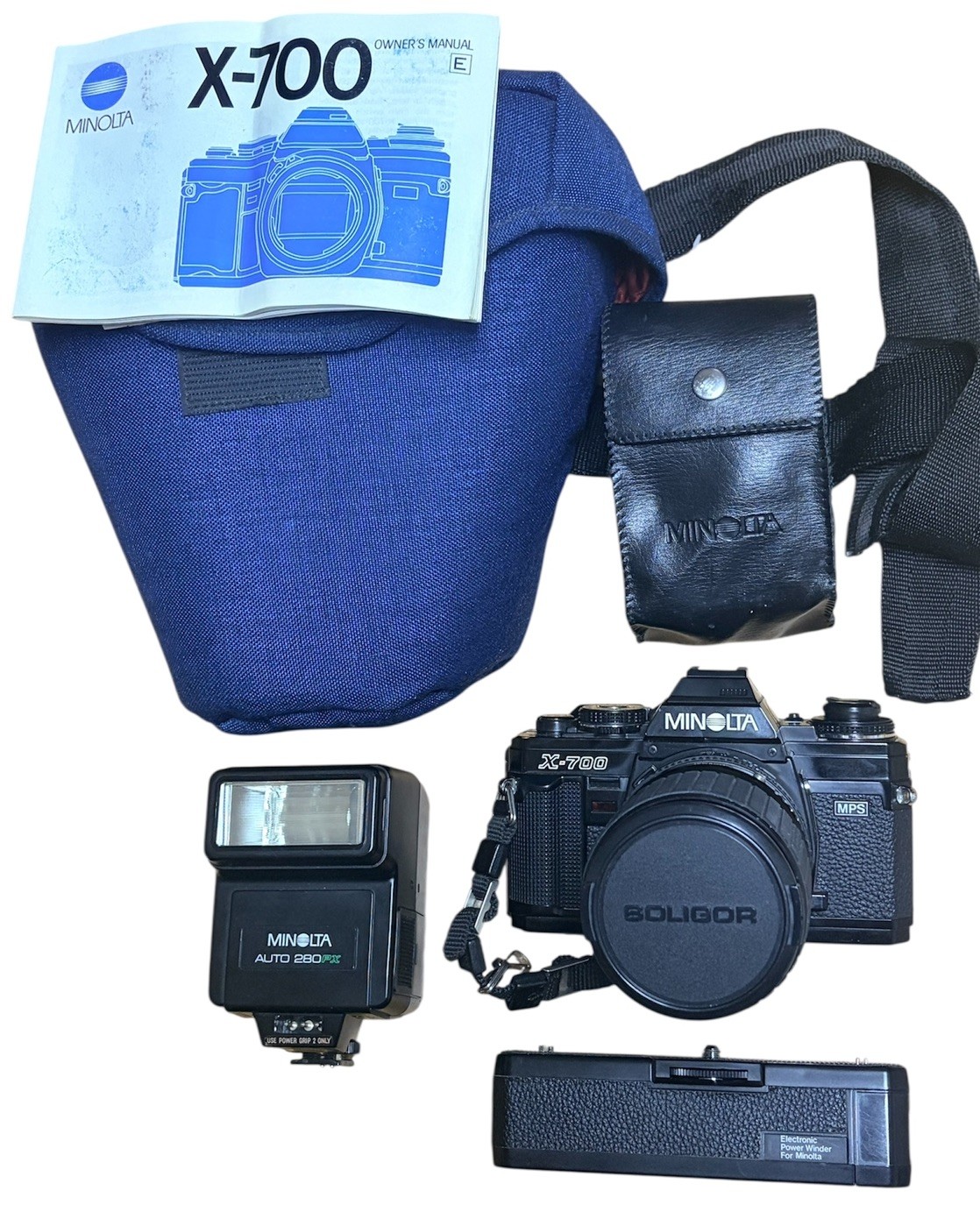 Minolta X-700 35mm Film Camera Kit Sigma 35-105mm Lens 280PX Flash Motor Winder