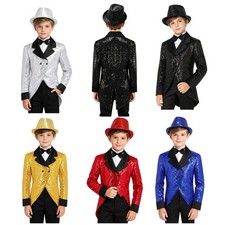 Boys Tuxedo Blazer Magician Jacket Long Sleeve Tailcoat And Hat Satin Cuffs Set