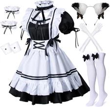 Anime French Maid Apron Lolita Fancy Dress Cosplay Costume Furry Cat Ear Gloves