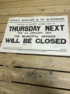 Lancashire Poster Blackburn 1930 New Year Day Closed Municipal Offices
