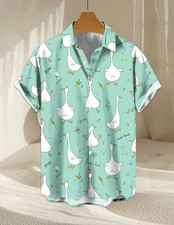 Men'S Light Blue Floral Goose Print Short-Sleeve Shirt with Button Collar S-5XL
