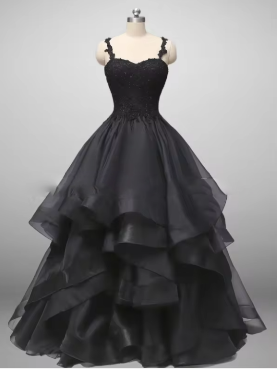 Classic Gothic Black Lace Appliqued A-line Formal Dresses Ruffle Hem Spaghetti | eBay Classic Gothic Black Lace Appliqued A-line Formal Dresses Ruffle Hem Spaghetti | eBay