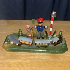 Hubrig Volkskunst Erzgebirge Boy Conductor w/ Christmas Train Set Wooden Figure